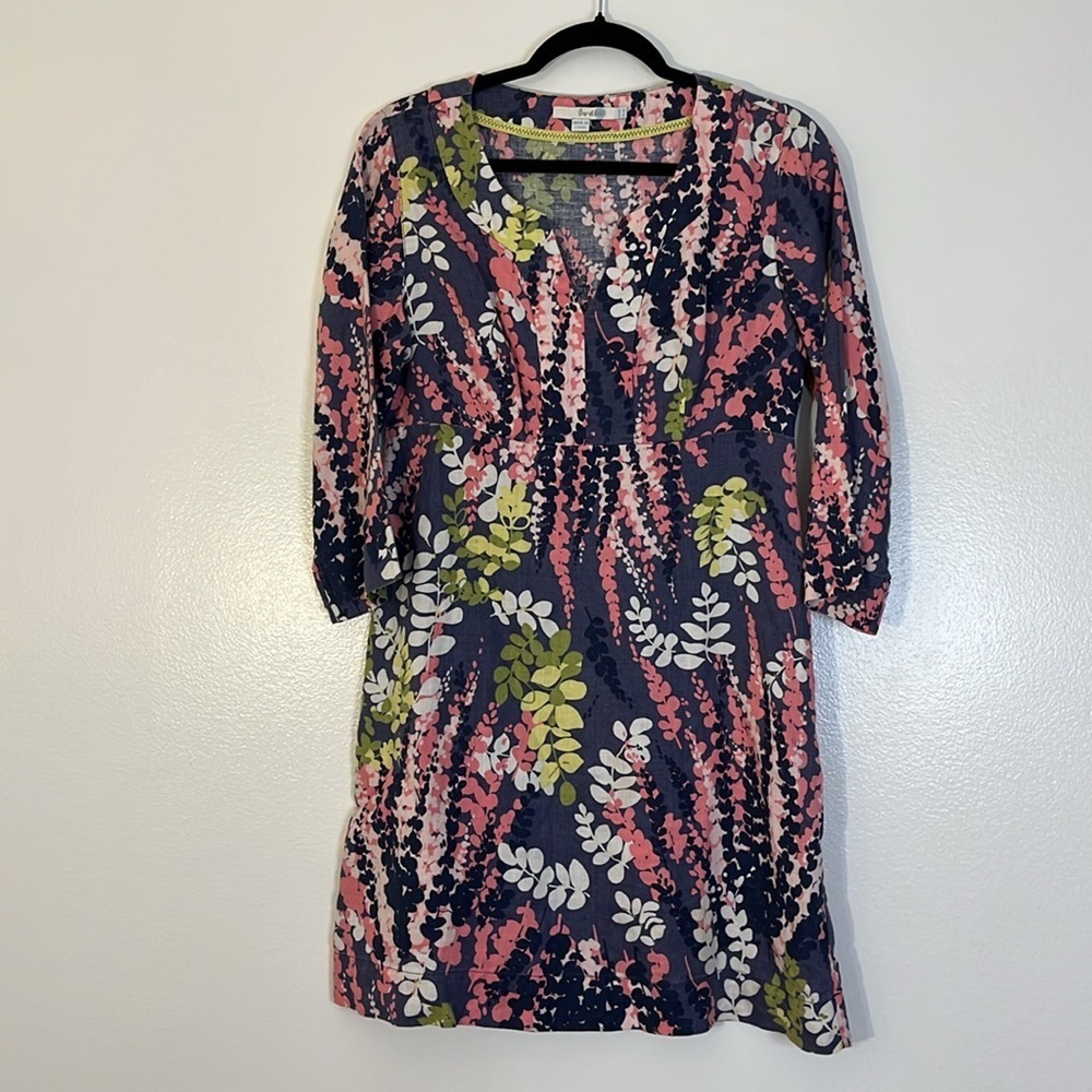 Boden | Linen sheath mini dress Women’s size 6 R 6R Leaf print 3/4 sleeves